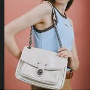 Billie Veromoa Elegant Off White Vegan Leather Satchel Bag with Silver Chain